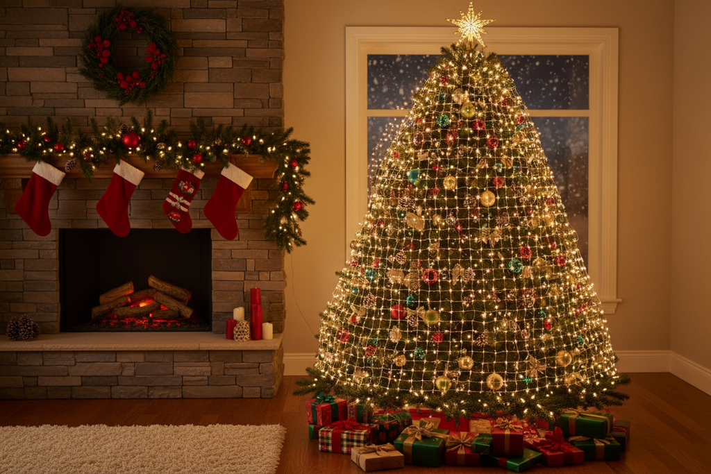 Netting off lights over christmass tree