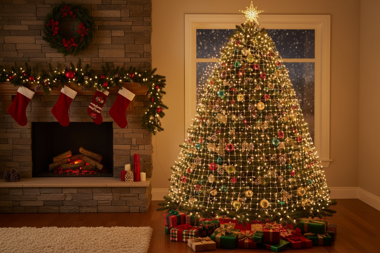 Netting off lights over christmass tree